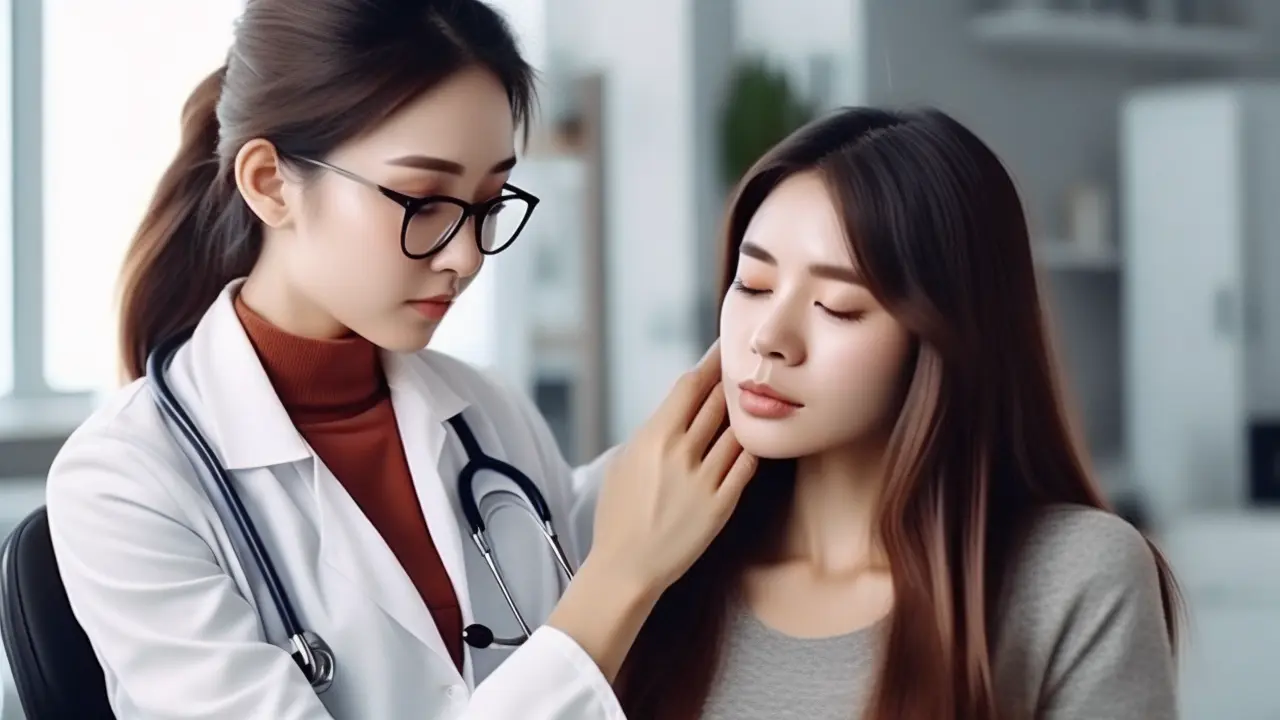 Doctor examing a ladies headache